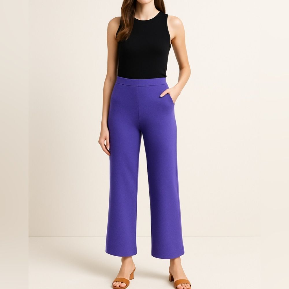 St John Collection Santana Knit Purple Wide Leg Pull On Pants Vintage Size 8